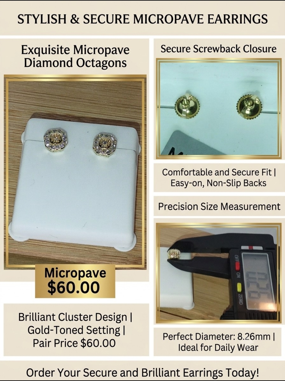 Brilliant Micropave Diamond Octagon Stud Earrings - Secure Screwback - 8.26mm